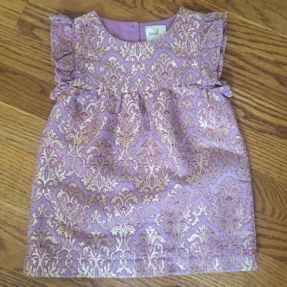 Peek Ruffle Shoulder Brocade Dress